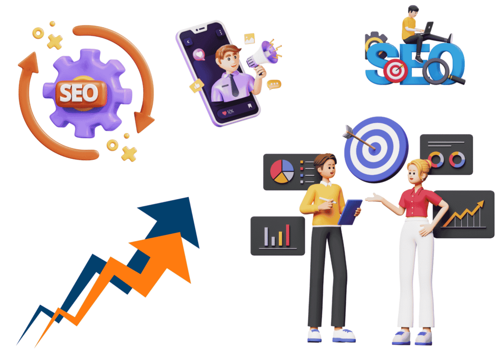 3D illustration of a digital marketing team and concepts. A man is on a phone screen holding a megaphone. There's a stylized SEO gear icon with arrows, a large SEO text icon, two people with a target and growth charts, and an upward-pointing arrow graph.