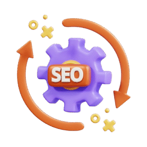 A 3D illustration of a purple gear with the letters "SEO" in white on an orange rectangle. Two orange arrows form a circle around the gear, indicating a continuous process. Yellow crosses and circles are scattered around the gear.