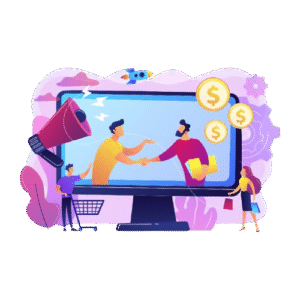 A simple line-art illustration of a person in a business suit presenting data on a large screen. The screen shows a bar graph with a rising red arrow and a pie chart. The presenter is gesturing to the data with their left hand and using a laptop with their right.