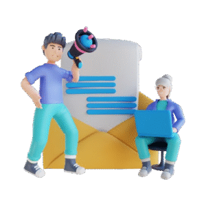 A 3D illustration of a man with a megaphone and a woman using a laptop, both standing in front of a large open email envelope with blue lines on the letter inside.