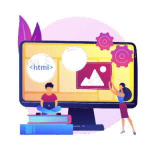 A simple line-art illustration of a person in a business suit presenting data on a large screen. The screen shows a bar graph with a rising red arrow and a pie chart. The presenter is gesturing to the data with their left hand and using a laptop with their right.